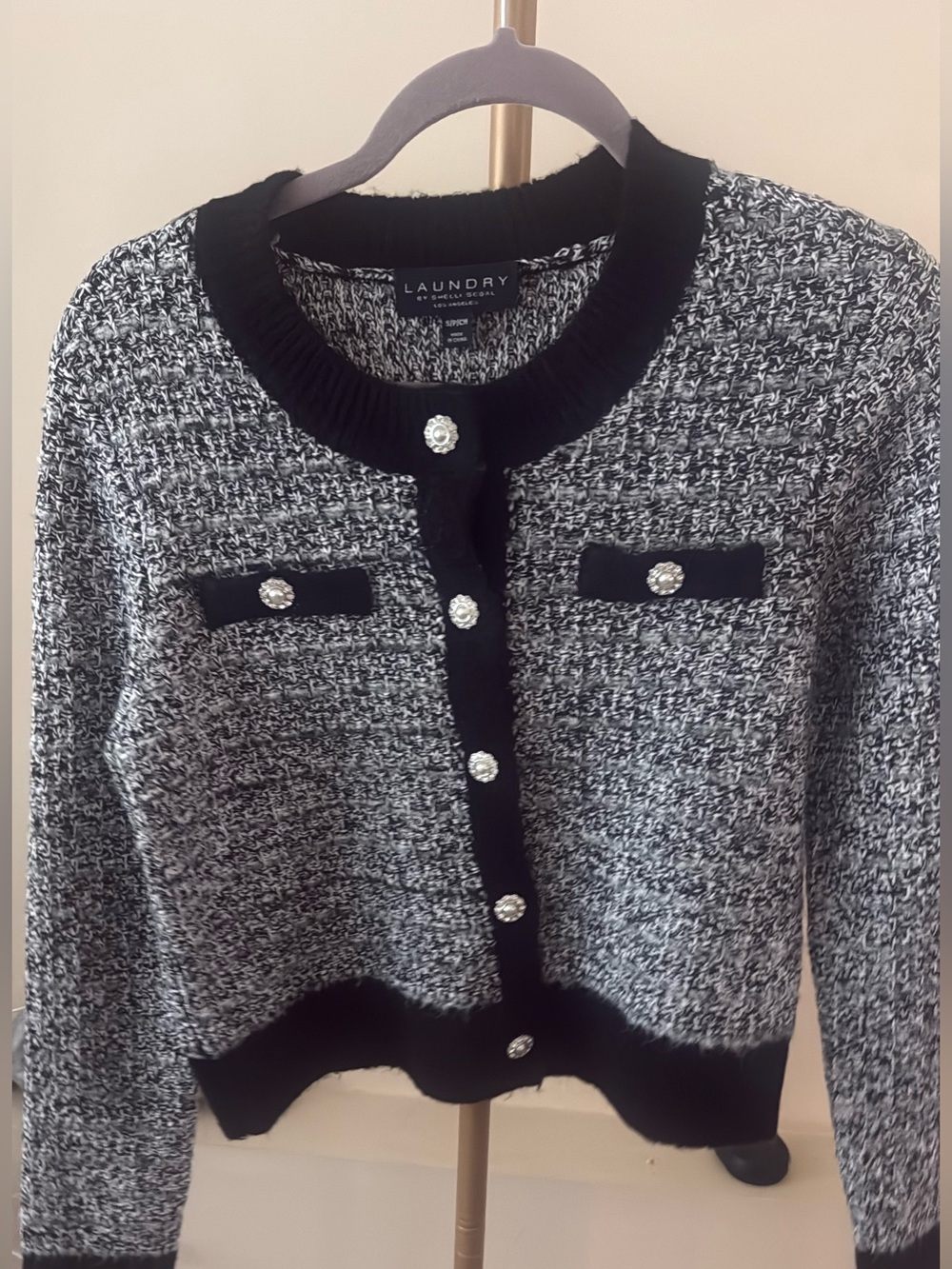 Laundry By Shelli Segal Black & White Tweed-Style Cardigan with Crystal Buttons